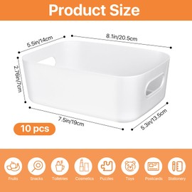 Akamino 10 Pcs Plastic Storage Boxes, 20.5X14X7Cm White Storage Baskets With Handle, Small Rectangular Cupboard Organiser Portable Storage Bins for Office Home Kitchen Bathroom