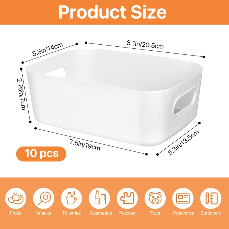 Akamino 10 Pcs Plastic Storage Boxes, 20.5X14X7Cm White Storage Baskets