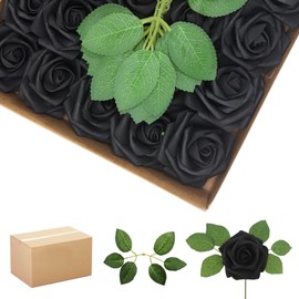 WANTMAZOR 200PCS Black Artificial Flowers Roses Real Looking Foam Fake Roses with Leaves for DIY Wedding Bouquets Bridal Shower Party Decorations (Black, 200)