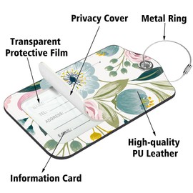 Neidius Luggage Tags for Suitcase,2 Pack Spring Flowers PU Leather Luggage Tags with Stainless Steel Loop Privacy Cover ID Address Labels,Adult Travel Suitcase Tags