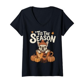 Womens Tis The Season Frenchie Fall Coffee Autumn Pumpkin Spice V-Neck T-Shirt