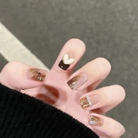 CEBOIC Glue-On Nails, Handmade Gel Nails, Press On Nails, Caramel Brown Artificial Nails with Heart-Shaped Decoration for Girls and Women, Everyday and Party, Pack of 10 Luxury Reusable Nails Set