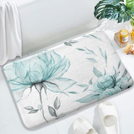 Teal Grey Watercolor Floral Bath Mat,Flower Leaves Minimalist Aesthetic Non Slip Absorbent Floor Rugs Quick Dry Soft Velvet Rugs Carpets, for Bathtub Bathroom Bedroom Kitchen, 17x29 Inch
