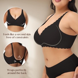 Yadalky Women's Seamless Bras Wirefree, Deep V Petal Bralette No Underwire Plunge Everyday Bras Wireless Sports Bra (Black, XL)