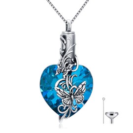 PROESS Urn Necklace for Ashes 925 Sterling Silver Butterfly/Infinity Cremation Necklaces Memorial Keepsake Jewelry Pendant for Women with Filling Tool, Sterling Silver, Crystal