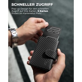 DODENSHA Kreditkartenetui geldbörse Herren RFID-Kreditkartenetui mit Münzfach, automatisches Pop-up-Kartenetui aus Aluminium für 8-10 Karten, Ausweisfenster Schwarz | Carbon