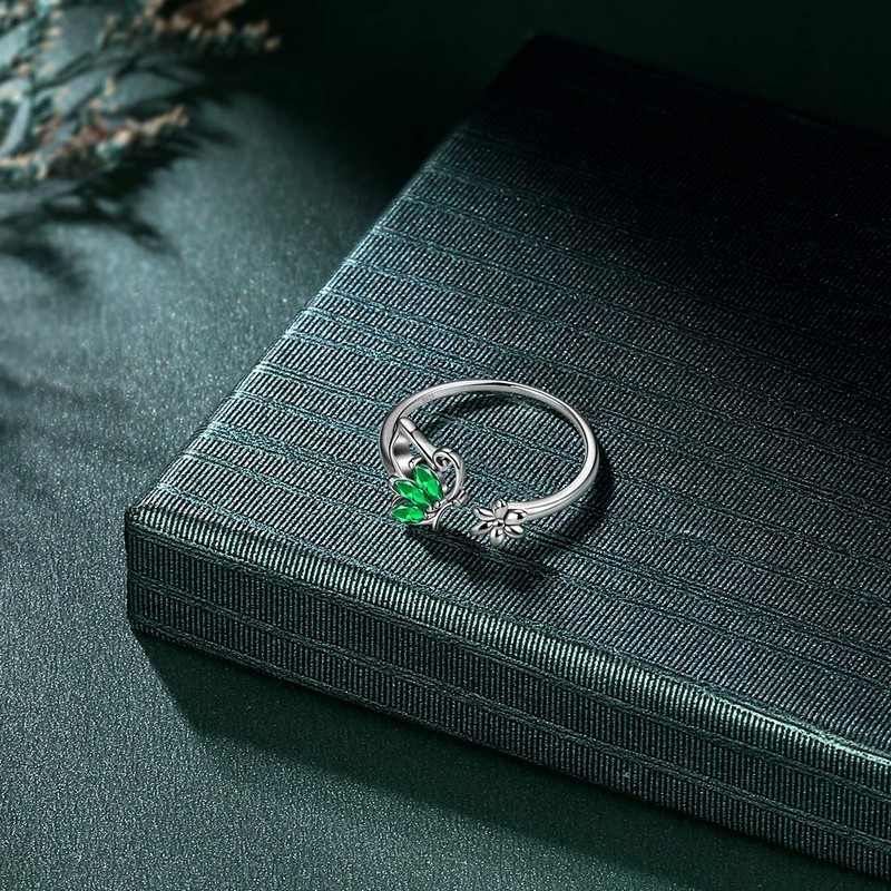 Hipunk Butterfly Green Rings Bands Statement Birthstone Women 925 Sterling