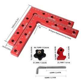 FTtool ZGJ-173 Corner Clamp, 90°, 63.0 x 6.3 inches (160 x 160 mm), Aluminum, L-Shaped Right Angle Ruler, inch/mm Scale, DIY Tool, Wood Fixing, Auxiliary Tool, 2 PCS, Red