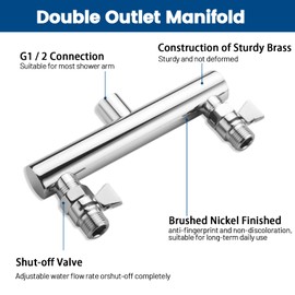 HAMOLER Dual Shower Head Manifold with Brass Shut Off Valve for 2 Fixed Shower Head Showering System Double Sprayer Manifold, Chrome