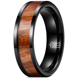 THREE KEYS JEWELRY 6mm Black Ceramic Wedding Ring with Real Koa Wood Inlay Flat Top Wedding Band Engagement Ring Comfort Fit Size 8.5
