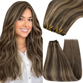 YoungSee Sew in Extensions Dark Brown Mix Caramel Blonde Weft Hair Extensions Human Hair Brown Highlight Sew in Hair Extensions Human Hair Hand Tied Weft Hair Extensions Double Weft 16Inch 100G