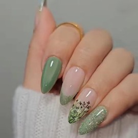 Green Cat Eye Press on Nails Medium Almond - Glitter Fake Nails Nude French False Nails Press ons Full Cover Nail Tips with White Flower Design Acrylic Nail Kit Stick on Nails for Women 24 Pcs