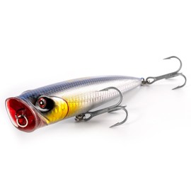Dr.Fish Topwater Popper Saltwater Fishing Lures, 5.5 Inches GT Popper VMC Treble Hooks Surf Fishing Lures for Striper Pike Salmon Lures Bass Popper Fishing Plugs Offshore Chrome Blue