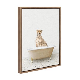 Kate and Laurel Sylvie Cheetah in Terrazzo Bath Framed Canvas Wall Art by Amy Peterson Art Studio, 18x24 Gold, Cute Animal Bathtub Art for Wall
