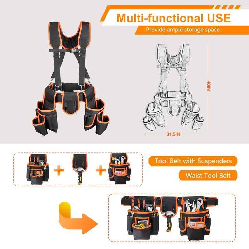 Tool Belt With Suspenders, 22 Pockets Tool Bags, Multi-Functional Adjustable