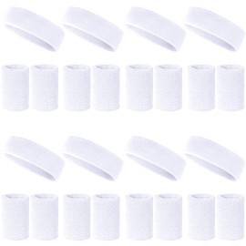 24 Pcs White Sweatbands Set Include 8 Pcs Sports Headband and 16 Pcs Cotton Wristbands 80s Neon Sweat Bands Bulk for Gym, Tennis, Basketball, Running, Exercise