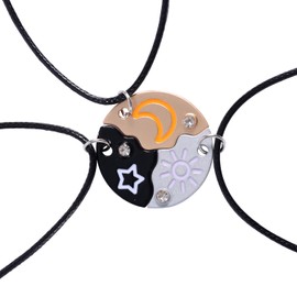 Mikovivi 3 Pieces Trio Friendship Necklaces with Engraved Sun Moon Star Pendant Round Best Friends Forever Puzzle Necklace with Rhinestones Jewellery Gifts for Women, Zinc, No Gemstone