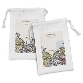 Ambesonne Nepal Fabric Pouch Set of 2, Hand Drawn Building of Durbar Mountains and Buildings in Kathmandu Tourist Attraction, Small Drawstring Bag for Toiletries Masks and Favors, 9" x 6", Multicolor