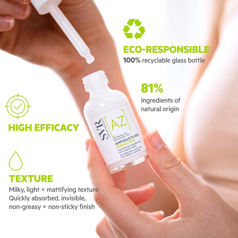 SVR SEBIACLEAR Ampoule Flash 15% Azelaic Acid Serum, Retexturises Acne-prone,