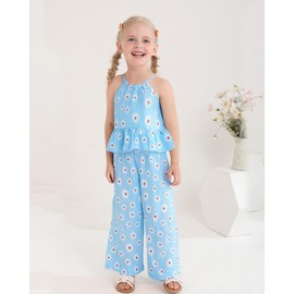 Kucnuzki Little Girls Outfit 4t 5t Girl Clothes for Kids Ruffle Summer Lightweight Floral Shirt Wide Leg Blue Linen Pants 2-Piece Cute Toddler Outfits Sets