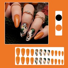 RIICFDD Fall Press on Nails Medium Fake Nails Almond Shape Acrylic Nails Leaf Nails Press ons Orange False Nails Artificial Glossy Full Cover Glue on Nails for Women Thanksgiving Nails 24 Pcs