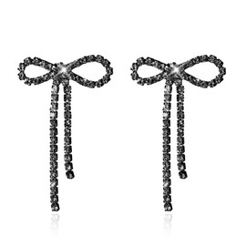 Black Bow Earrings for Women Trendy Sparkly Rhinestone Long Tassel Bowknot Earrings Cute Ribbon Drop Earring Silver Dangle Earrings Wedding Party Christmas Jewelry Gifts