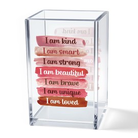 Vgrti I Am Kind Smart Strong Beautiful Acrylic Makeup Brush Organizer Holder, Daughter Affirmations Desk Acrylic Brushes Storage, Inspirational Graduation Gifts for Daughter Niece Sister Makeup Lovers