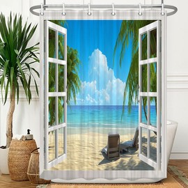 JAWO Beach Scene Shower Curtain, Tropical Beach Shower Curtain Summer Seaside Scene Ocean Island Palm Tree Bathroom Decorations Curtain Durable Waterproof Bathtub Showers Decor with Hooks(72X72)