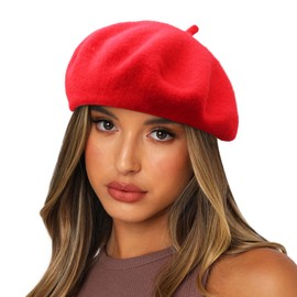 Sydbecs Wool Beret Hats for Women Ladies Girls, French Barret Hat Solid Color Style (Red)