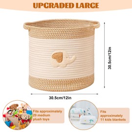 Toy Storage Baskets, Woven Cotton Rope Storage Basket for Kids, Multifunctional Blanket Baskets for Living Room Organizer with Embroidery Cute Landry Organizer with Handle for Nursery - Elephant