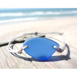 Sea Stamped Sea Foam Sea Glass Adjustable Bracelet-Made From Recycled Glass-Light Blue Free Form Sea Glass Piece with Waterproof Gray Thread-Unique Gift (Royal Blue)