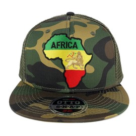 RGY Africa Map and Rasta Lion Embroidered Patch Camo Flat Bill Snapback Mesh Cap - Olive