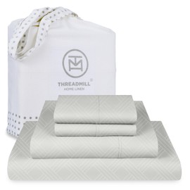 Threadmill King Size Sheets for King Mattress | 800 Thread Count Jacquard Celine Light Grey | Better Than Egyptian Cotton | 4 Pc Bed Sheets | Damask Sheets Fits 16'' Deep Pocket | 100% Cotton Sheets