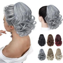 Angzon Ponytail Extension 8 Inch Claw Clip in Ponytail Short Curly Ponytail Extension for Women Messy Bun Fluffy Wavy Curly Synthetic Versatile Silver Gray Hairpieces