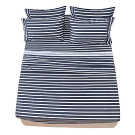 American Home Collection 4 Piece Print Bedding Sheets & Pillowcases Set Brushed Microfiber Wrinkle Free 14 Inches Deep Pocket Dark Blue Patterned Sheets (Twin, Navy Stripe)