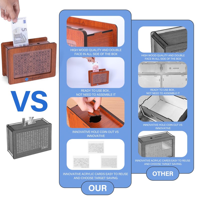 Wooden Money Box, Money Box with Counter, 3 Cards Savings