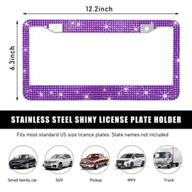 Ohleats Car License Plate Frame, Sparkling Stainless Steel License Plate Frame, Bling Diamond License Plate Holder Cover for Women Men, Universal Exterior Car Accessories (Dark Purple)