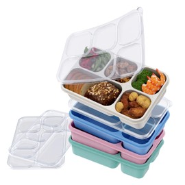 4-Pack Bento Lunch Box, 5-Compartment Lunch Boxes, Kids Snack Boxes, Stackable Ready Parties, Divided Food Storage Containers for School Work Travel Parties BBQ (8037Wheat)