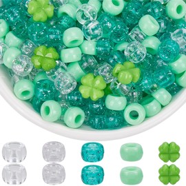 SOFPLAT 1 Box 1000 Pieces 6 x 9 mm Green Pony Beads Multiple Glitter Pony Beads Bulk Pack St. Patrick's Day Kandi Clover Charms Accessories for Jewellery Making DIY Bracelet Earring Crafts Hair Braid