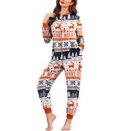 Ekouaer Christmas Onesie Fleece Long Sleeve Adult One Piece Pajamas for Women Zipper Pjs with Pocket S-XXL White Striped Reindeer XL