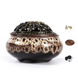 LAMDAWN Ceramic Incense Burner with Incense Stick Holder + Insulation use for Stick or Coil Incense, Sage Cones and Frankincense (Fambe Gray)