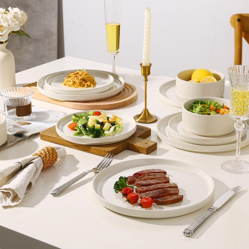 MONITO Ceramic Plates and Bowls Sets for 4, 12PCS Stoneware