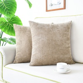 CaliTime Throw Pillow Covers Pack of 2 Soft Waffle Weave Texture Solid Dyed Chenille Cushion Cases for Couch Sofa Home Decoration 18 X 18 Inches Taupe
