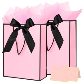 ZJHiome Gift Bags for Presents, 2 Pack Medium Paper Bags with Bow Ribbon Tissue Paper Cards Thank You Gift Bag with Handles for Christmas Holiday Birthday Shopping Bags(Pink,Black)