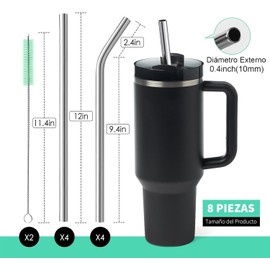 Popotes de Acero Inoxidable, 8 Pajitas de Mental Reutilizables de 10 mm de ancho, con 8 Puntas de Silicón, 2 Cepillo para limpiarlos y Bolsa para Guardarlos, Popotes Metálicos para Vasos de 30 40 oz