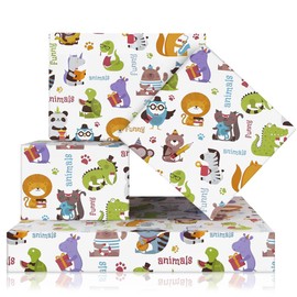 Birthday Wrapping Paper For Kids Girls Boys, Funny Animals Design Gift Wrap Paper for Birthday Baby Shower, 4 Sheets Folded Flat 20x28 Inches Per Sheet, Monkey Lion Panda Alligator Zebra