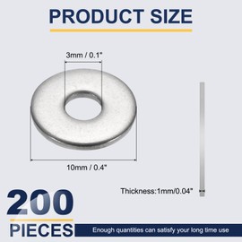 sourcing map M3 Flat Washer for Screw, 200Pcs 304 Stainless Steel Washers 3MM ID x 10MM OD x 1MM Thick for Bolts, Factories Repair, Kitchens, Shops, and Outdoor Construction (Silver Tone)