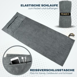 PEAQUE Fitness-Handtuch mit Reißverschlusstasche | Mikrofaser mit Frottee-Struktur | Sport-Handtuch für Fitnessstudio und Gym | weich, schnelltrocknend (Grau, 100 x 40 cm)