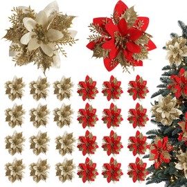 Cevikno Pack of 24 Christmas Sparkle Poinsettia Flowers Artificial Christmas Flowers Wedding Christmas Tree New Year Ornaments for Christmas Flowers Tree Wreaths Decor Ornament