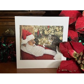 A Rare Breed Cat Christmas Card - 'Best Present' UK Made Xmas Scene with Santa and a Tabby in a Homely Scene. Seasonal Greeting Cards Printed Inside. Recyclable.